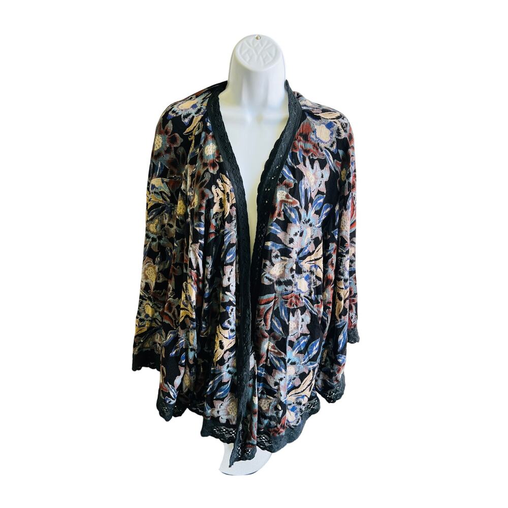 Free People M Boho Floral Velvet Lace Trim Kimono Jacket Cottagecore Festival
